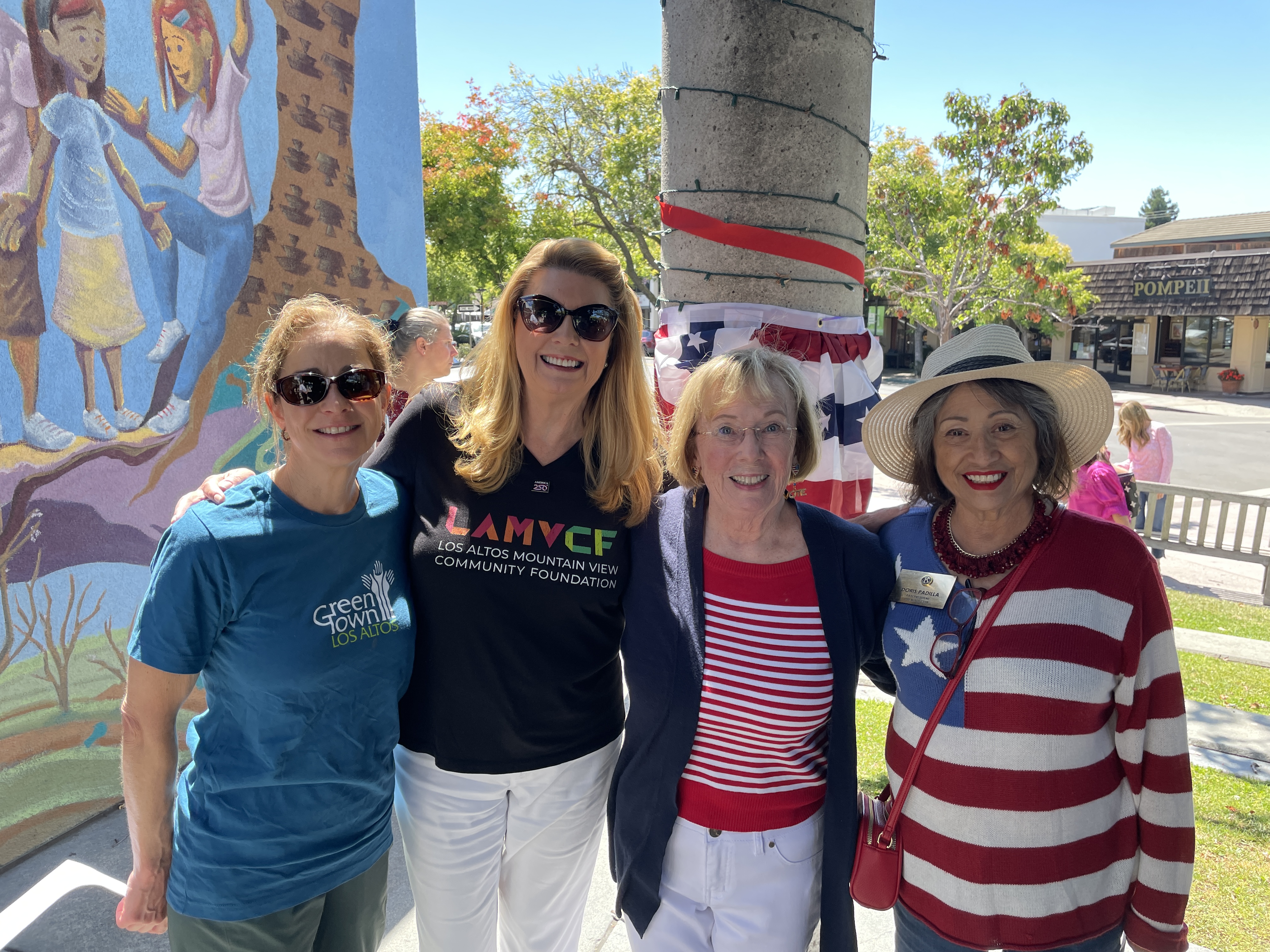 Photo 2:  Laura Teksler, Greentown Los Altos, Kathy Lera, Los Altos-Mtn View Community Foundation, Vicki Reeder, LAWC/AAUW member, Doris Padilla, Los Altos Kiwanis.